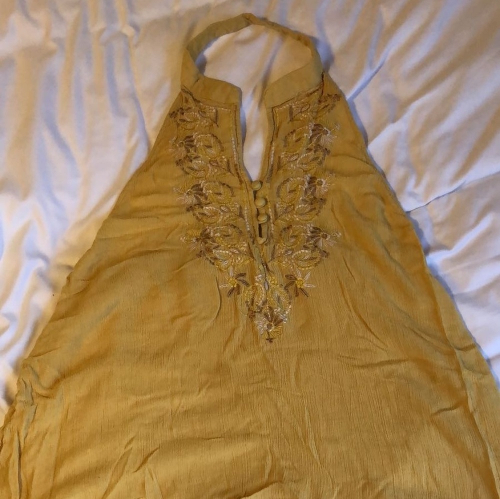Flowy Yellow Open Back Embroidered Shirt